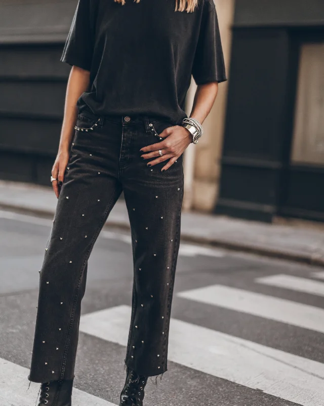 Soft And Comfortable The Black Studded Cropped Straight Jeans