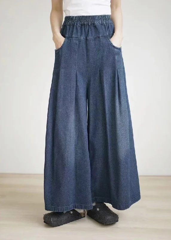 Comfortable Fashion 2024 Spring Summer Blue Elastic Waist Wrinkled Wide Leg Pants
