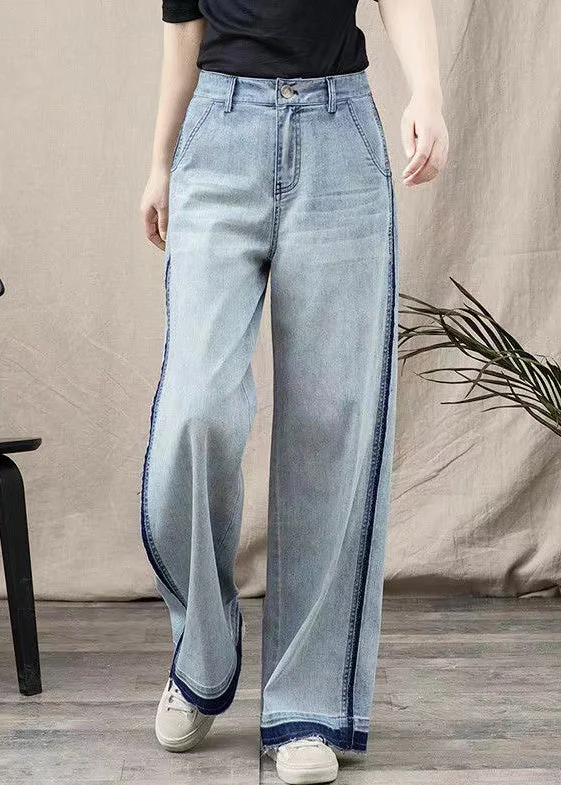 Classic Beautiful Blue Pockets Patchwork Denim Wide Leg Pants Spring