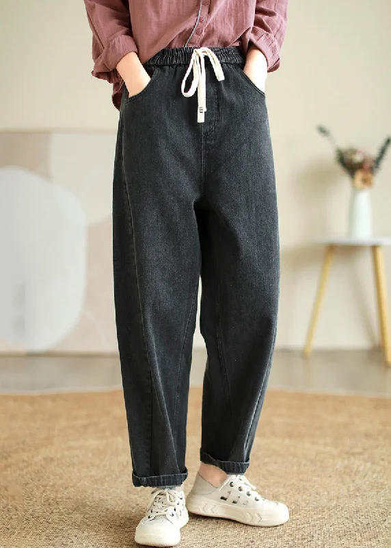 Exquisite Fabrics Black Lace Up Denim Crop Pants Elastic Waist Spring