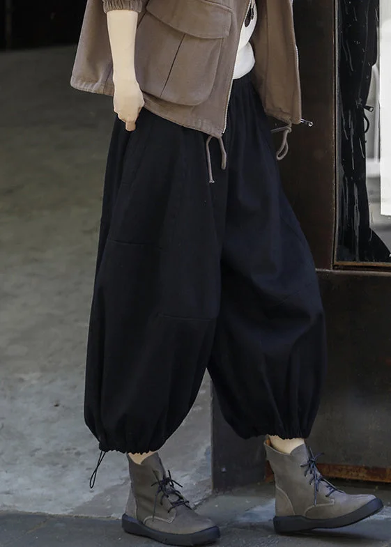 Dessert Matching Black Solid Drawstring Cotton Lantern Pants High Waist