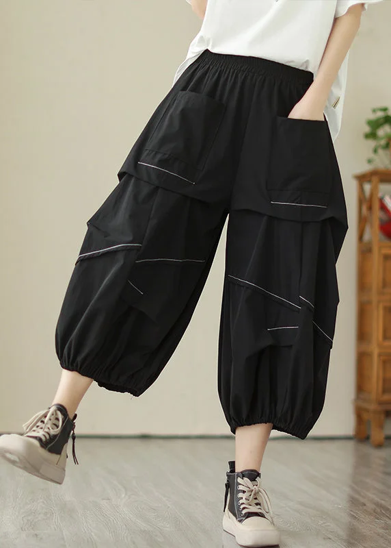 Design And Tailoring Black Solid Wrinkled Cotton Crop Pants High Waist Summer