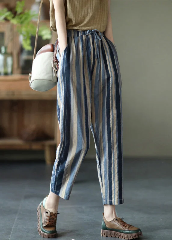 Cozy Pants Blue Lace Up Pockets Cotton Crop Pants High Waist