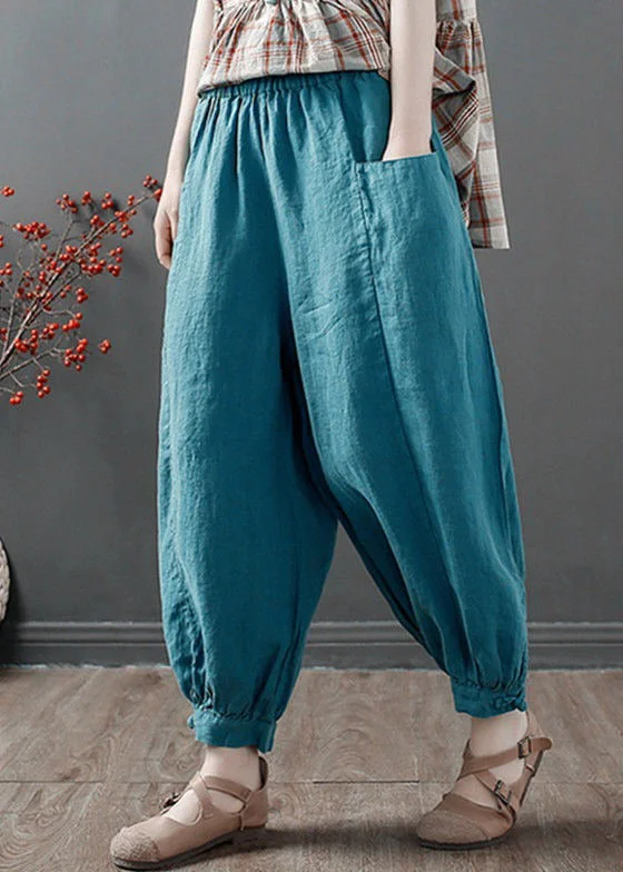 Casual And Casual Blue Solid Loose Cotton Crop Pants High Waist Summer