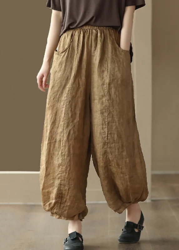 Stylish Ease Bohemian Khaki Pockets Elastic Waist Linen Crop Pants Summer