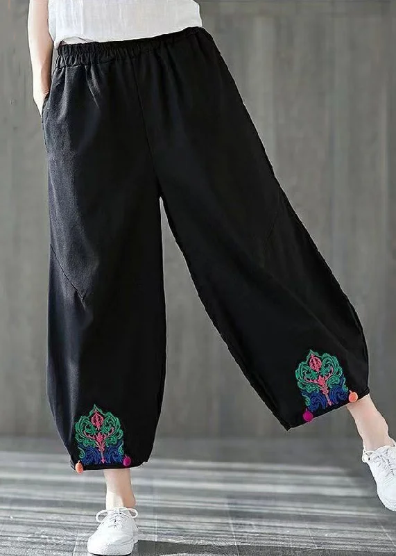 Cute Style Casual Black Embroidered Elastic Waist Cotton Harem Pants Summer