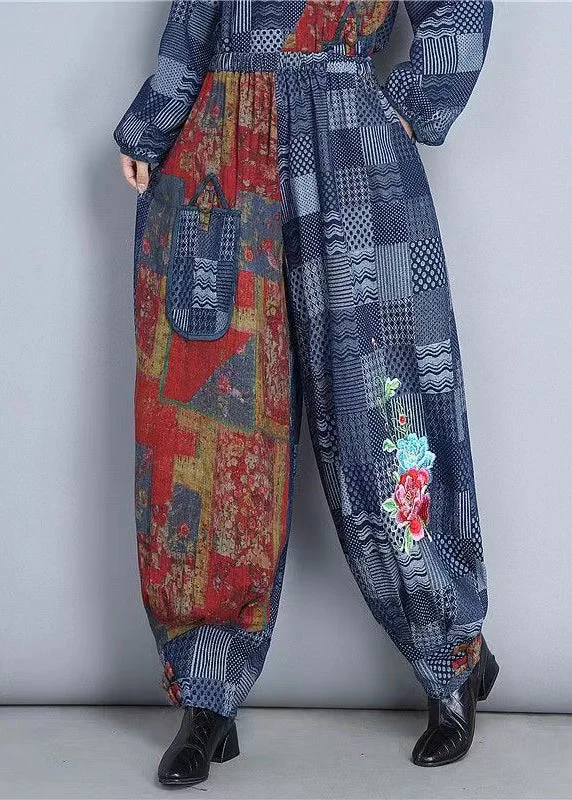 Spiritual Vitality Casual Blue Embroidered Pockets Patchwork Cotton Pants Spring