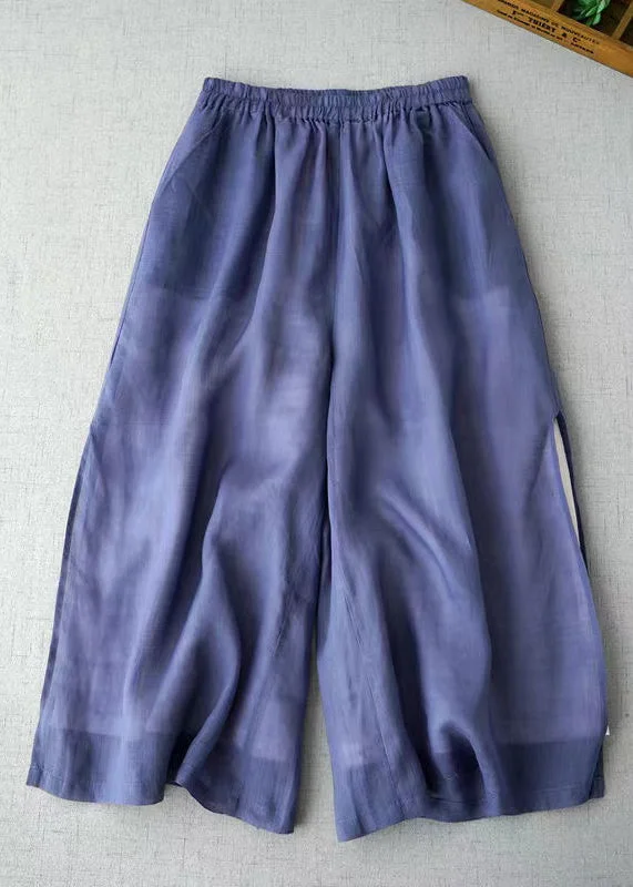 Fashion Must-have Casual Blue Pockets Elastic Waist Cotton Crop Pants Summer