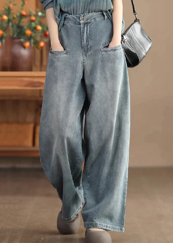 Ultra-lightweight Casual Blue Pockets High Waist Denim Wide Leg Pants Spring