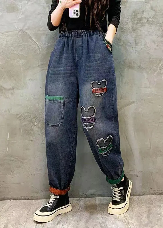 New Products Casual Blue Pockets Patch Elastic Waist Denim Pants Spring