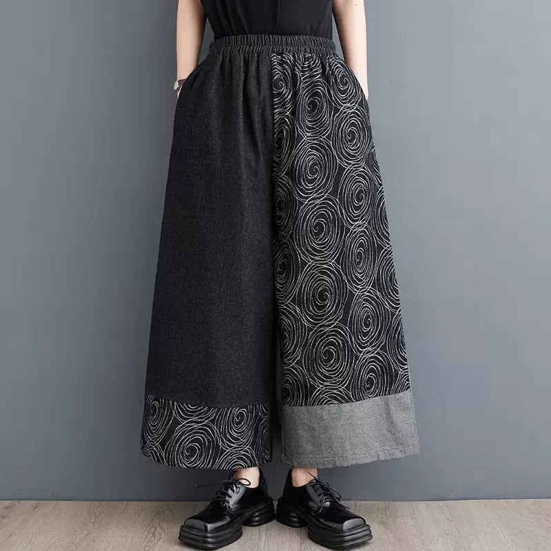 Casual Chic Denim Print Two-Tone Wide Legs Pants