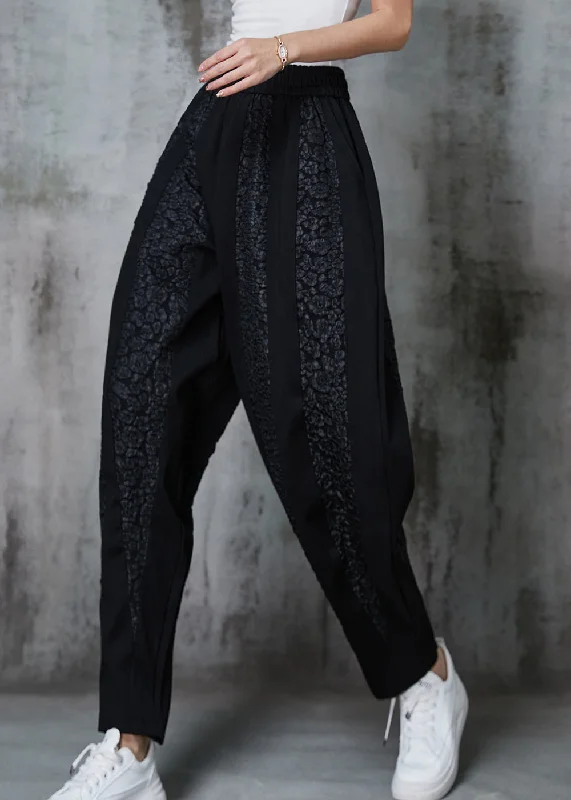 Cozy Lifestyle Elegant Black Oversized Patchwork Jacquard Cotton Pants Spring