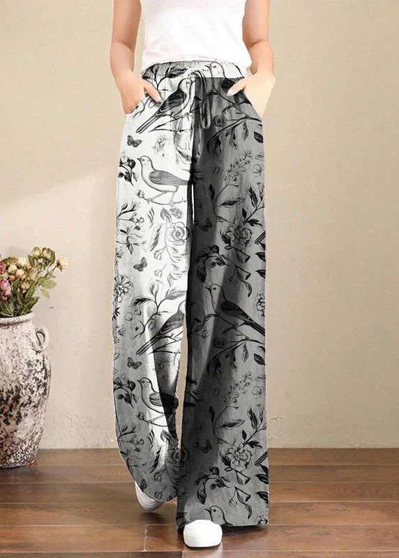 Everyday Chic French Black bird Elastic Waist Pockets Linen Wide Leg Pants Summer