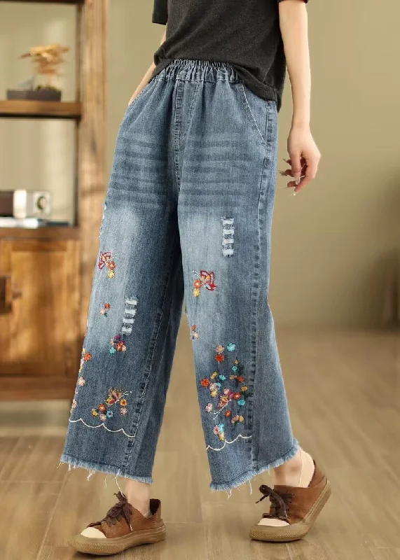 Timeless Style French Blue Embroidered Elastic Waist Denim Crop Pants Summer