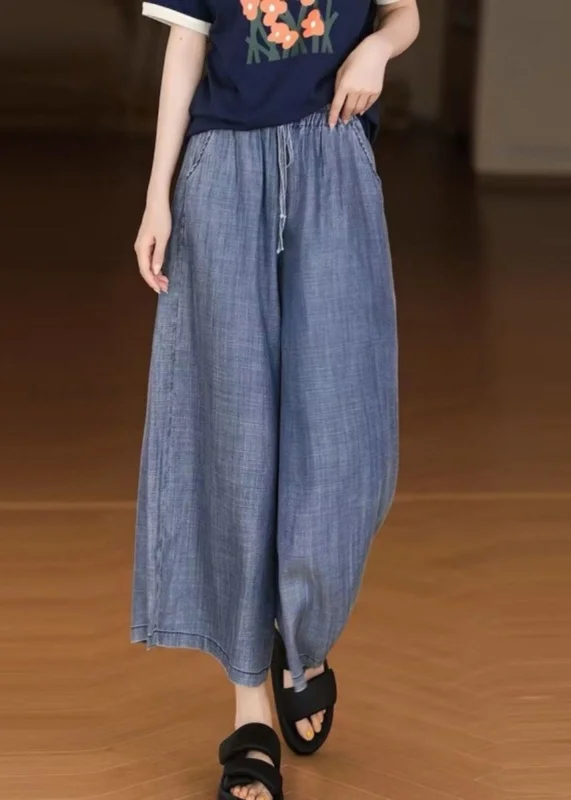 Comfortable down French Blue Pockets Elastic Waist Cotton Denim Crop Pants Summer