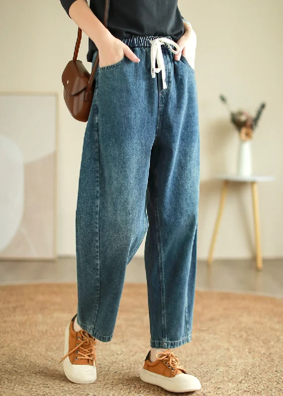 Girl Style French Blue Pockets High Waist Denim Crop Pants Spring