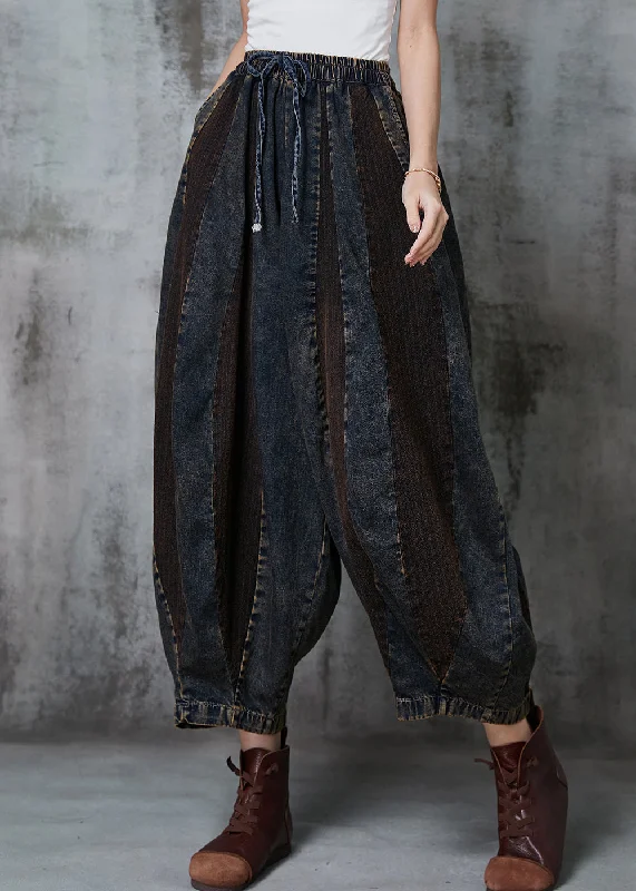 Elegant Comfort French Navy Oversized Patchwork Denim Pants Spring