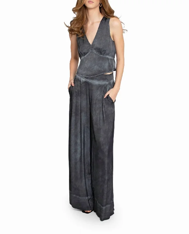 Knitted Design Garment Dyed Silk Wide Leg Pant In Black