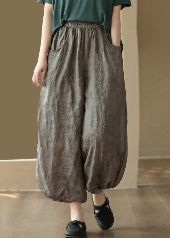 Warm Wear Grey Print Pockets Linen Lantern Pants High Waist Summer