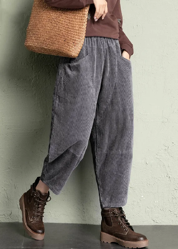 Fashionable Items Grey Solid Loose Corduroy Crop Pants High Waist Spring