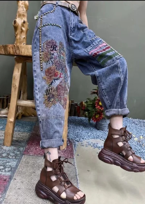 Soft Layers Italian Blue Embroidered Zircon Nail Bead Denim Pants Spring