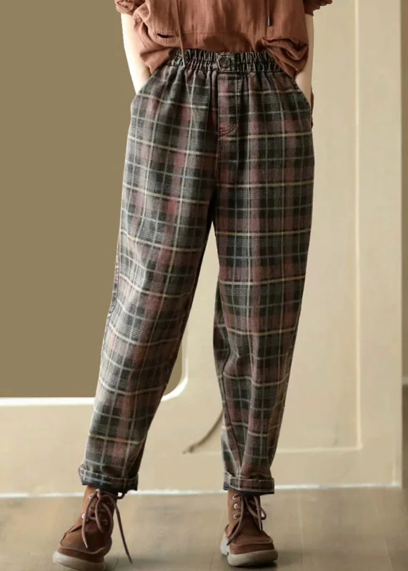 Comfortable down Italian Plaid Pockets Elastic Waist Denim Crop Pants Spring