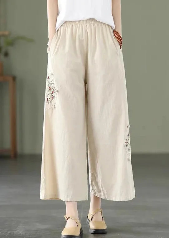 High-quality Fabrics Loose Apricot Embroidered High Waist Cotton Crop Pants Summer