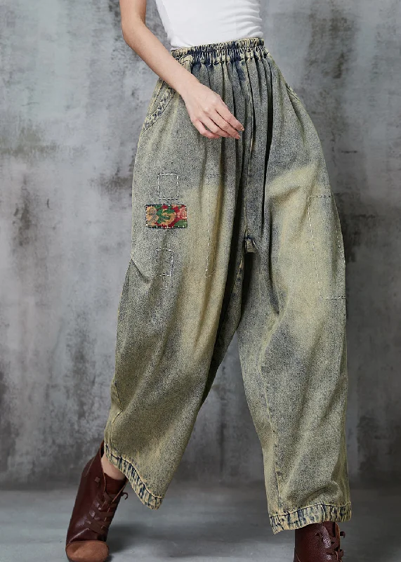 Chic Outfits Loose Blue Elastic Waist Patchwork Applique Denim Pants Spring