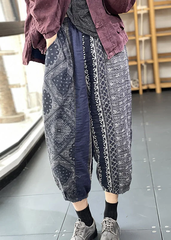 Body Design Loose Colorblock Print Pockets Patchwork Cotton Crop Pants Summer