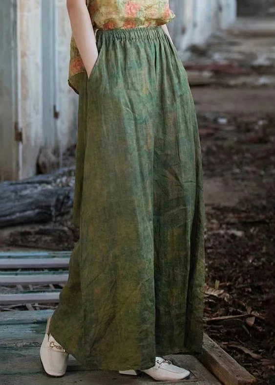 Fresh And Capable Loose Green Pockets Elastic Waist Linen Wide Leg Pants Summer