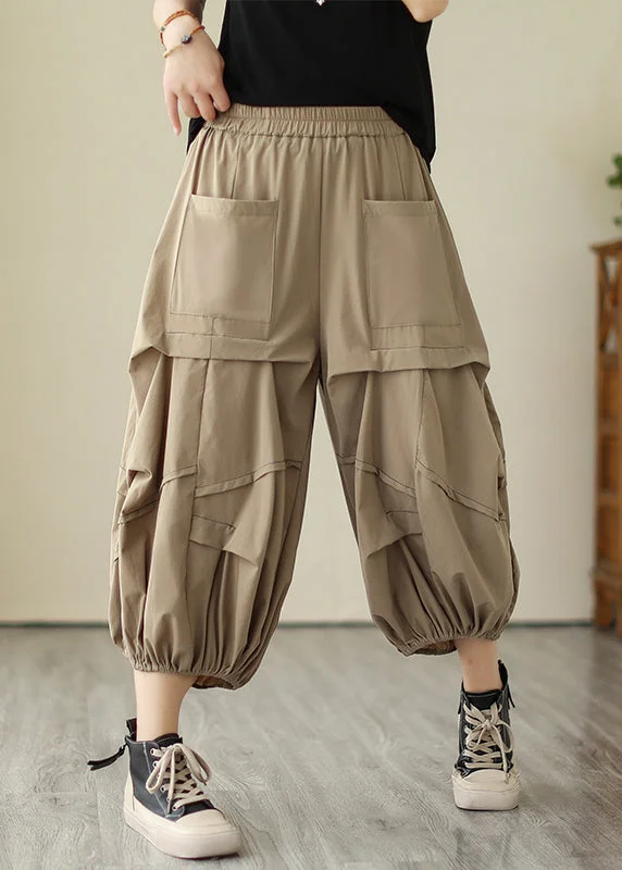Sports And Leisure Loose Khaki Pockets Elastic Waist Cotton Lantern Pants Summer