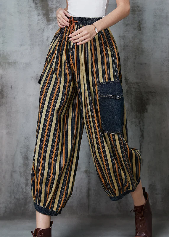 All-Day Wear Loose Khaki Striped Patchwork Pockets Denim Pants Spring