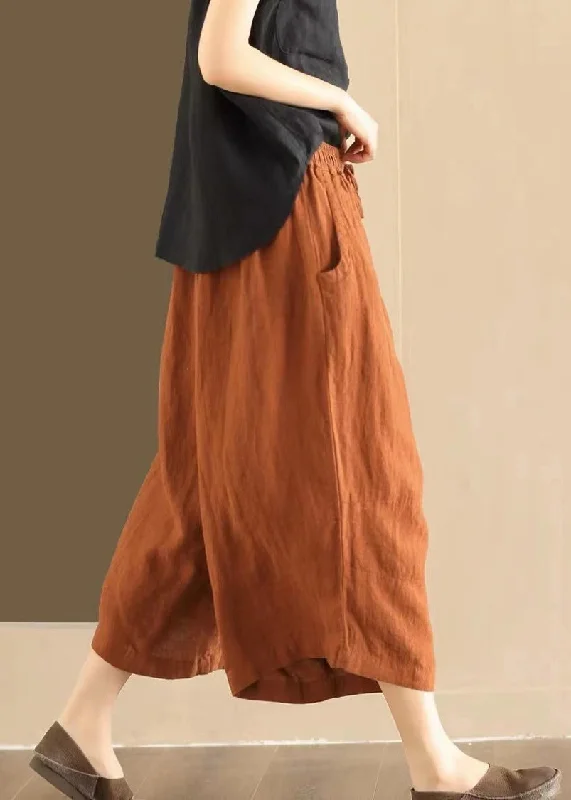 Soft Fabric Looks Loose Orange Pockets Elastic Waist Linen Wide Leg Pants Summer