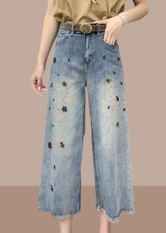 Economic Outlook Modern Denim Blue Pockets High Waist Crop Wide Leg Pants Summer