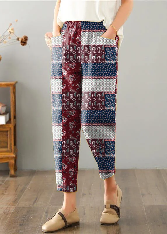 All-Day Style Natural brown-red geometry Pockets Cotton Linen  Pants Summer