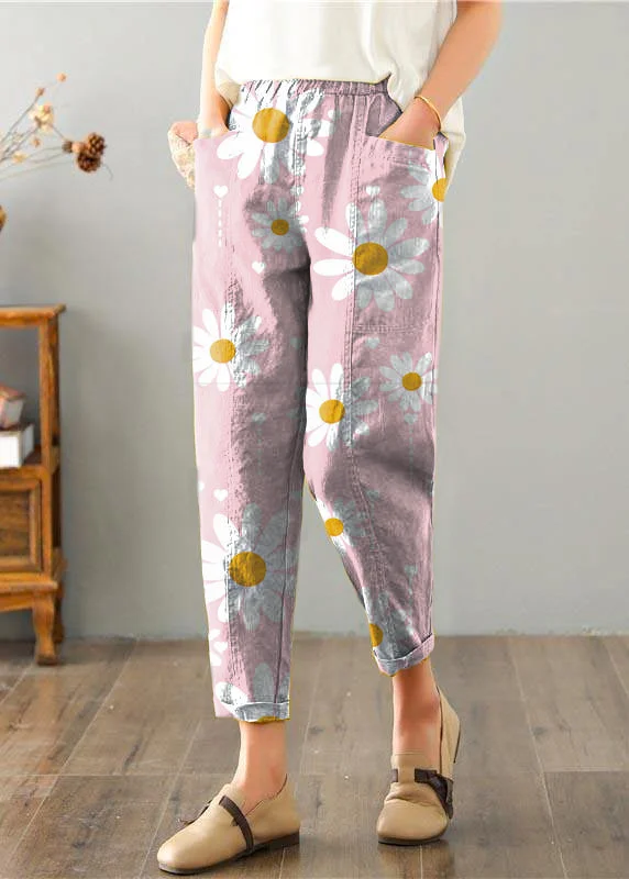 Comfortable Chic Natural pink flowers Pockets Cotton Linen  Pants Summer