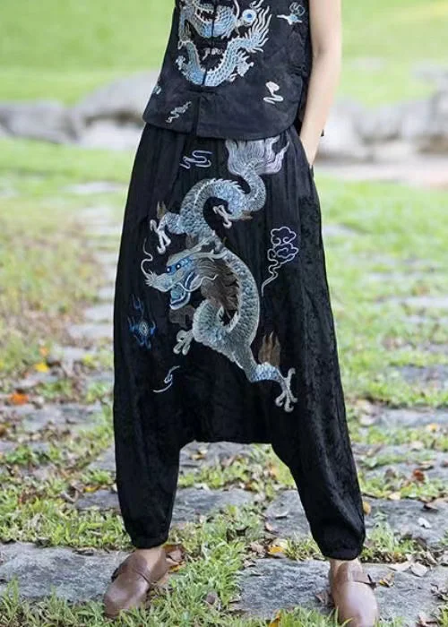 Fashion Elements New Black Ethnic Style Embroidered Big Crotch Lantern Pants Spring