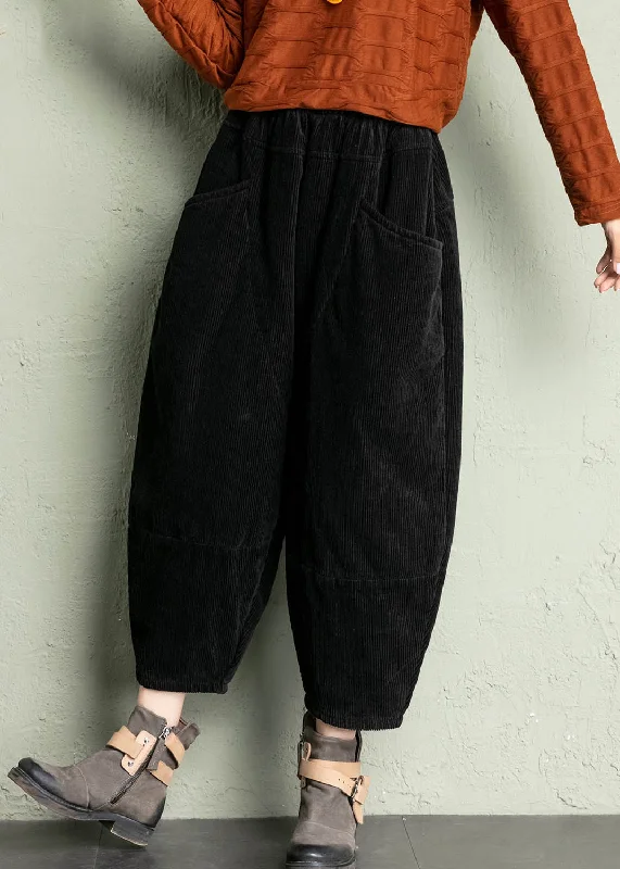 Creative Prints New Black Solid Pockets High Waist Corduroy Harem Pants