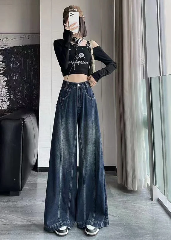 Casual Comfort Wear New Blue High Waist Patchwork Denim Wide Leg Pants Spring
