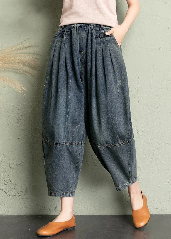 Summer Selection New Blue Pockets Elastic Waist Denim Crop Pants Summer