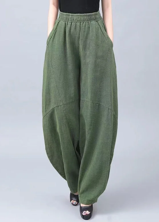 Slim Fit New Green Pockets Elastic Waist Cotton Pants Summer