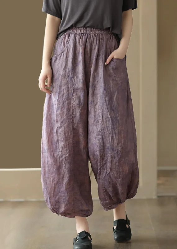 Comfy Dress New Purple Print Pockets High Waist Linen Wide Leg Pants