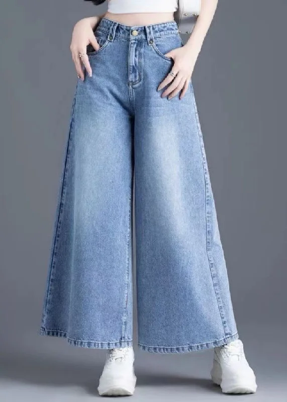 Comfortable Tops Organic Light Blue Pockets Denim Wide Leg Pants Summer