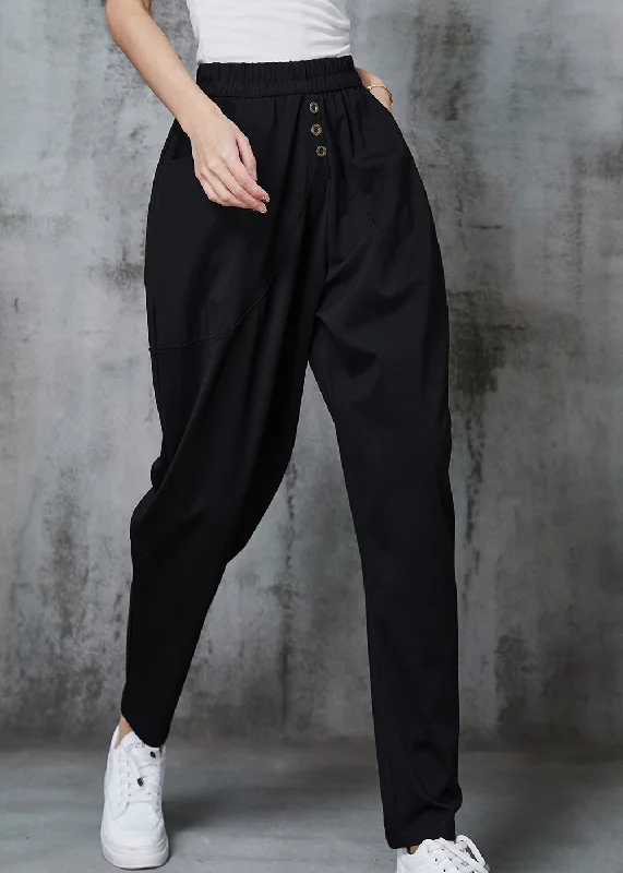 Exquisite Tailoring Plus Size Black Elastic Waist Cotton Harem Pants Spring
