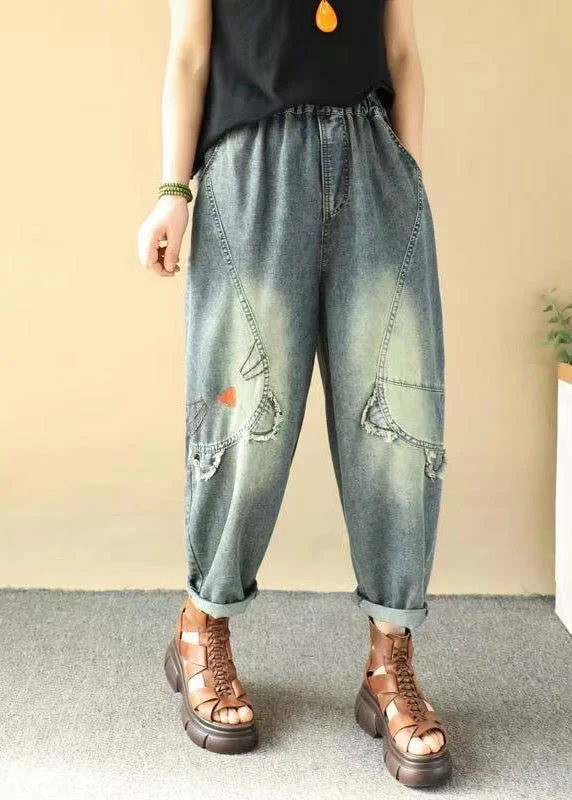 Elegant Fit Plus Size Blue Cartoon Embroidered Denim Pants Summer
