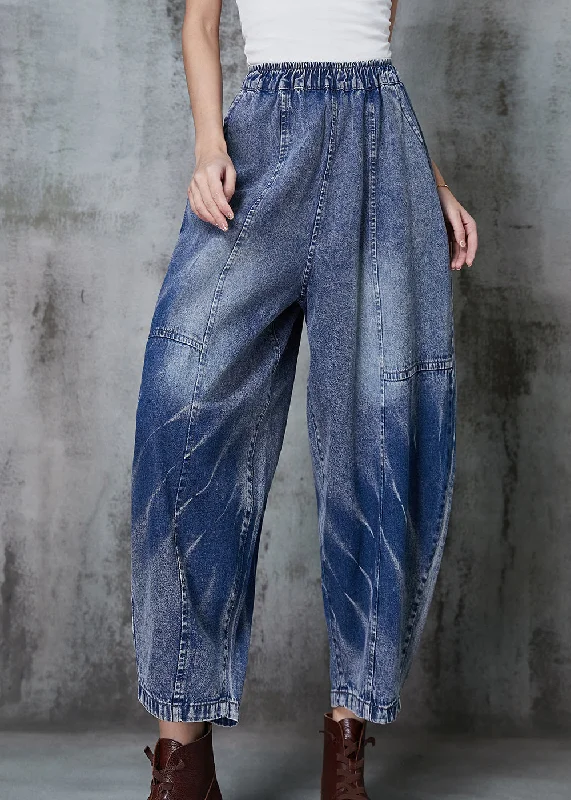 Relaxed Fit Plus Size Blue Oversized Patchwork Denim Crop Pants Spring