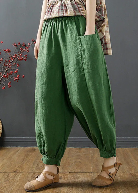 Warm Winter Series Plus Size Green Pockets Elastic Waist Cotton Harem Pants