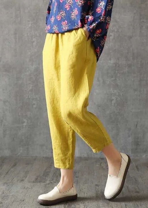 High Street Fashion Plus Size Yellow Solid Pockets High Waist Cotton Crop Pants Spring