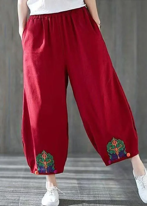 Free And Casual Red Pockets High Waist Cotton Crop Pants Embroidered