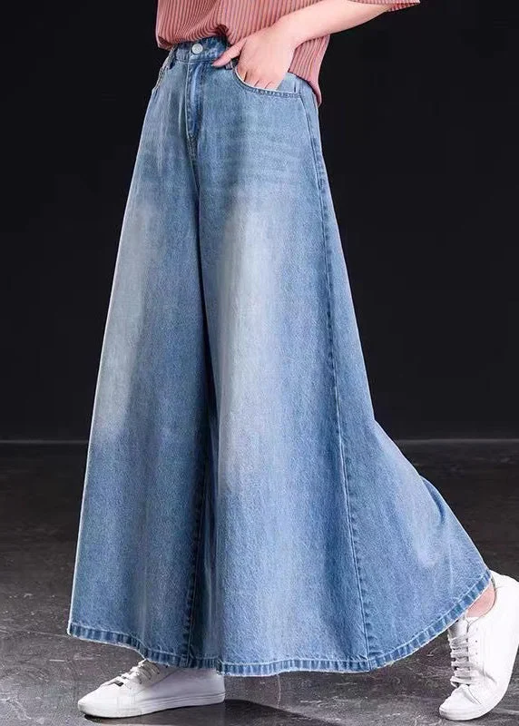 Relaxed Fit Spring Versatile Light Blue Pockets Denim Wide Leg Pants